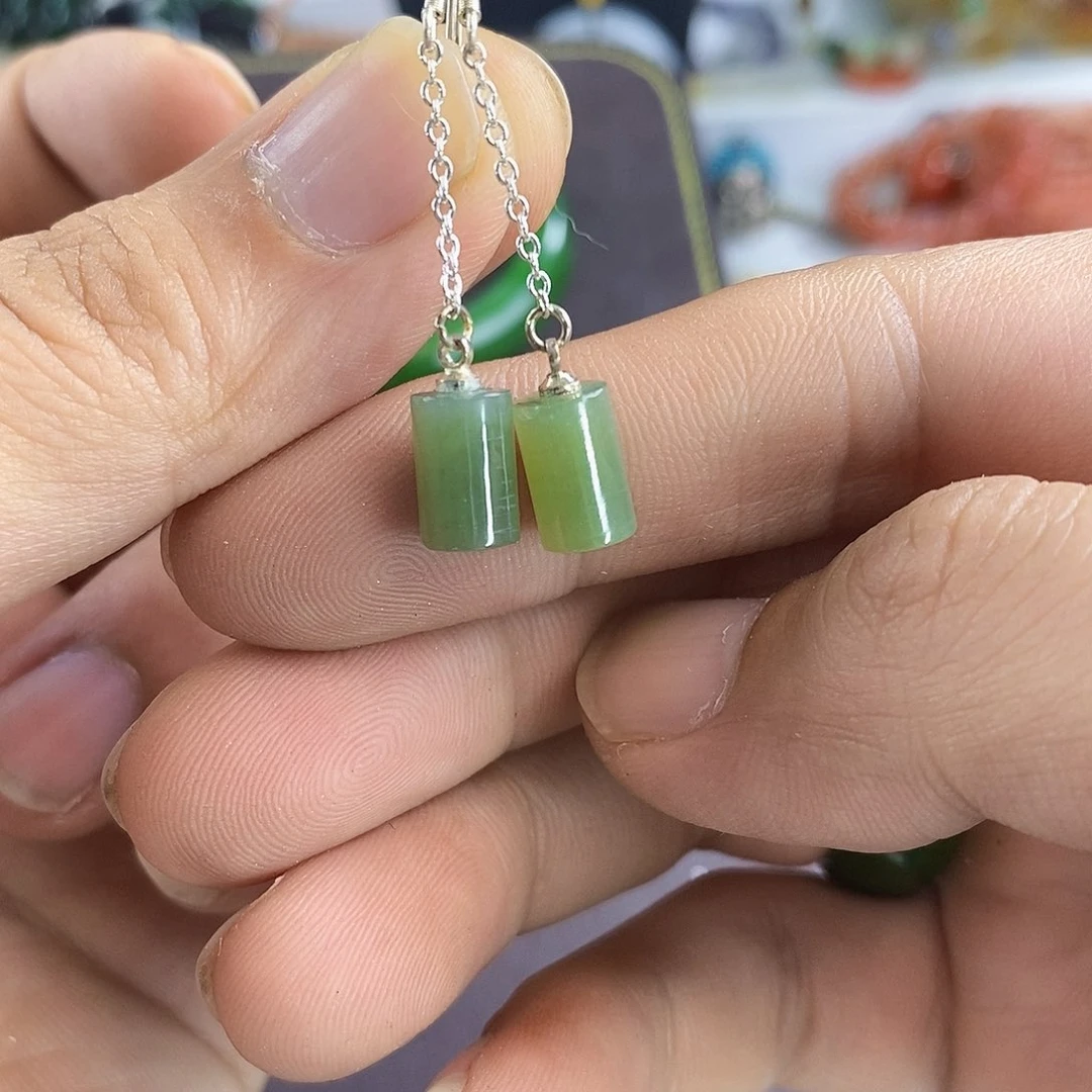 和田玉银S925镶嵌颈饰耳环圆柱微瑕