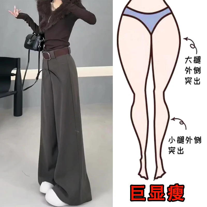 秋冬爆款毛呢直筒休闲裤女梨形身材大码宽松显瘦高腰阔腿拖地裤