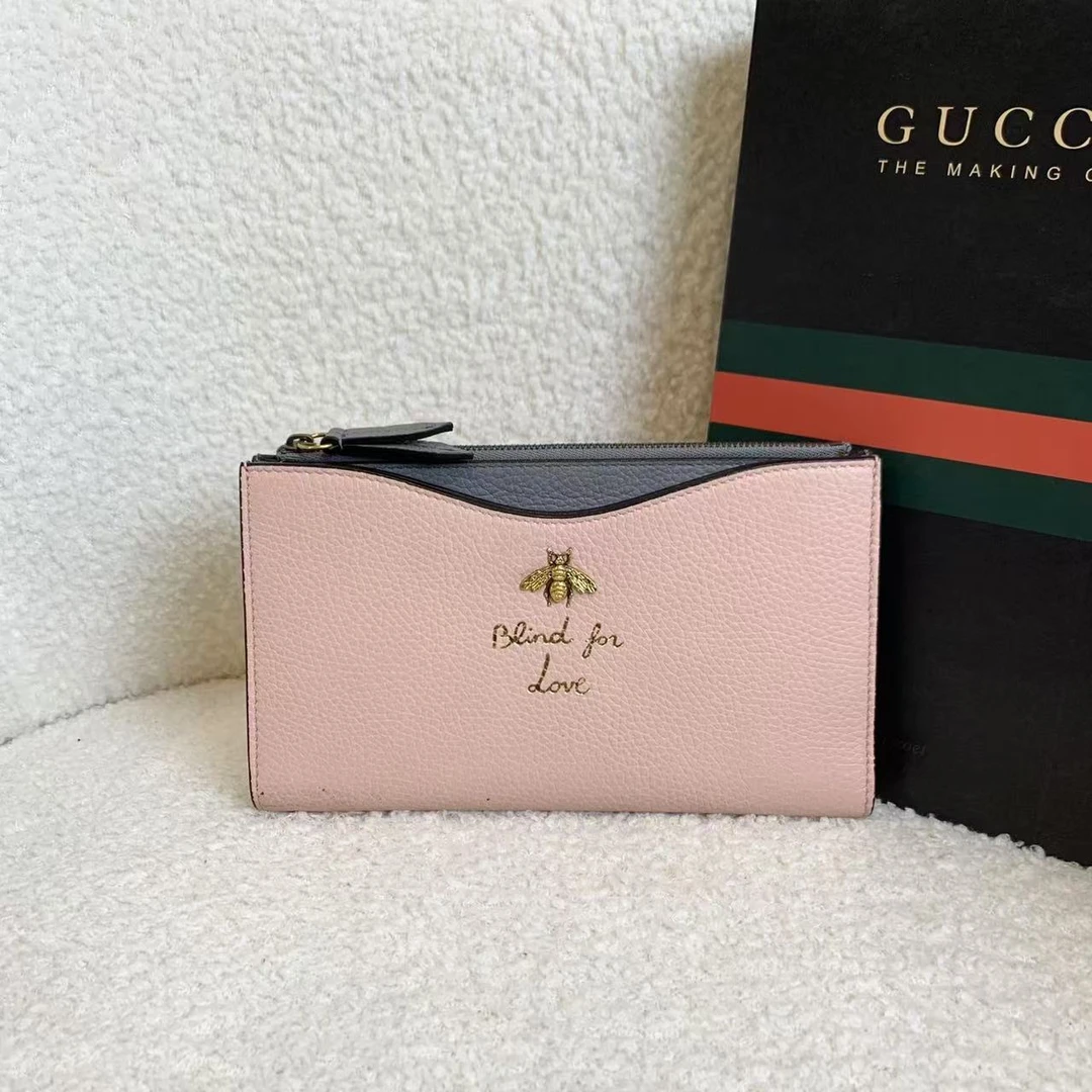 99新 GUCCI/古驰 壹臻/裸粉色蜜蜂折叠钱包/21796290