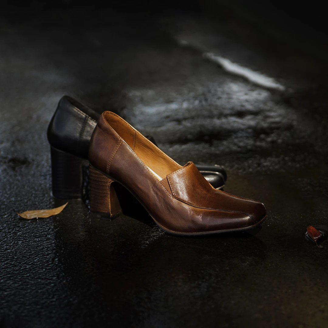 水洗马皮方头春秋时尚真皮粗跟单鞋高跟鞋法式一脚蹬通勤小皮鞋