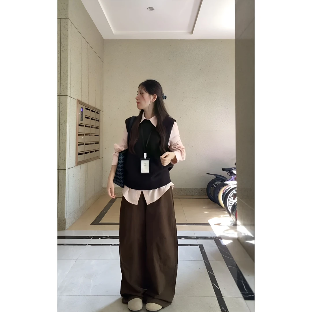 MARIE.COCO韩系美拉德咖色针织马甲叠穿衬衫上衣时尚牛仔裤三件套