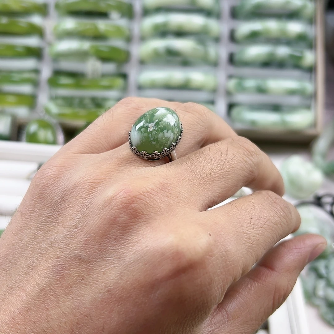 蛇纹石玉银S925镶嵌戒指