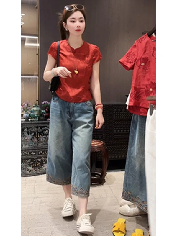 新中式气质红色短袖衬衫女装2025夏季新款百搭显瘦贵气感国风上衣