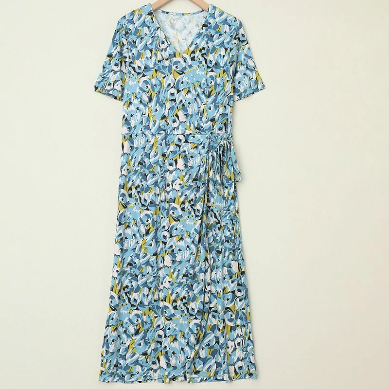 LANZIBES/蓝之蓓真丝针织V领系带连衣裙气质修身印花长裙Q9422