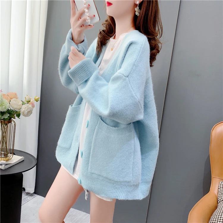 温柔风V领针织开衫女秋季2025年新款宽松慵懒风纯色毛衣外套上衣