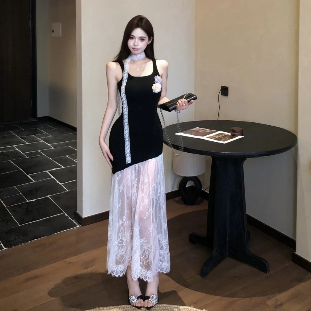 立体花朵黑色吊带连衣裙女夏季网纱拼接收腰裙子纯欲修身包臀长裙