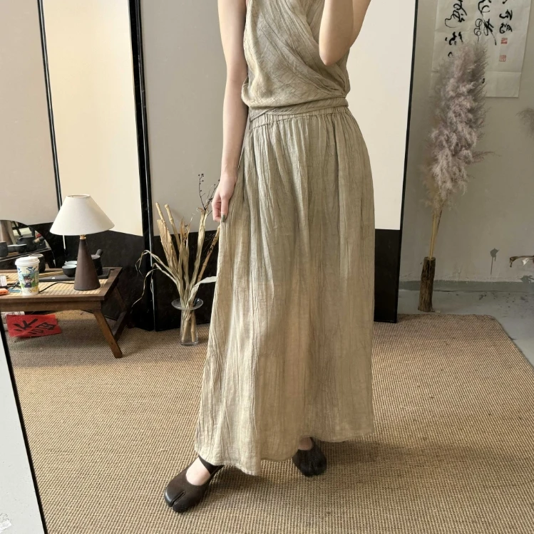 简约褶皱苎麻半身裙经典款百搭纯色