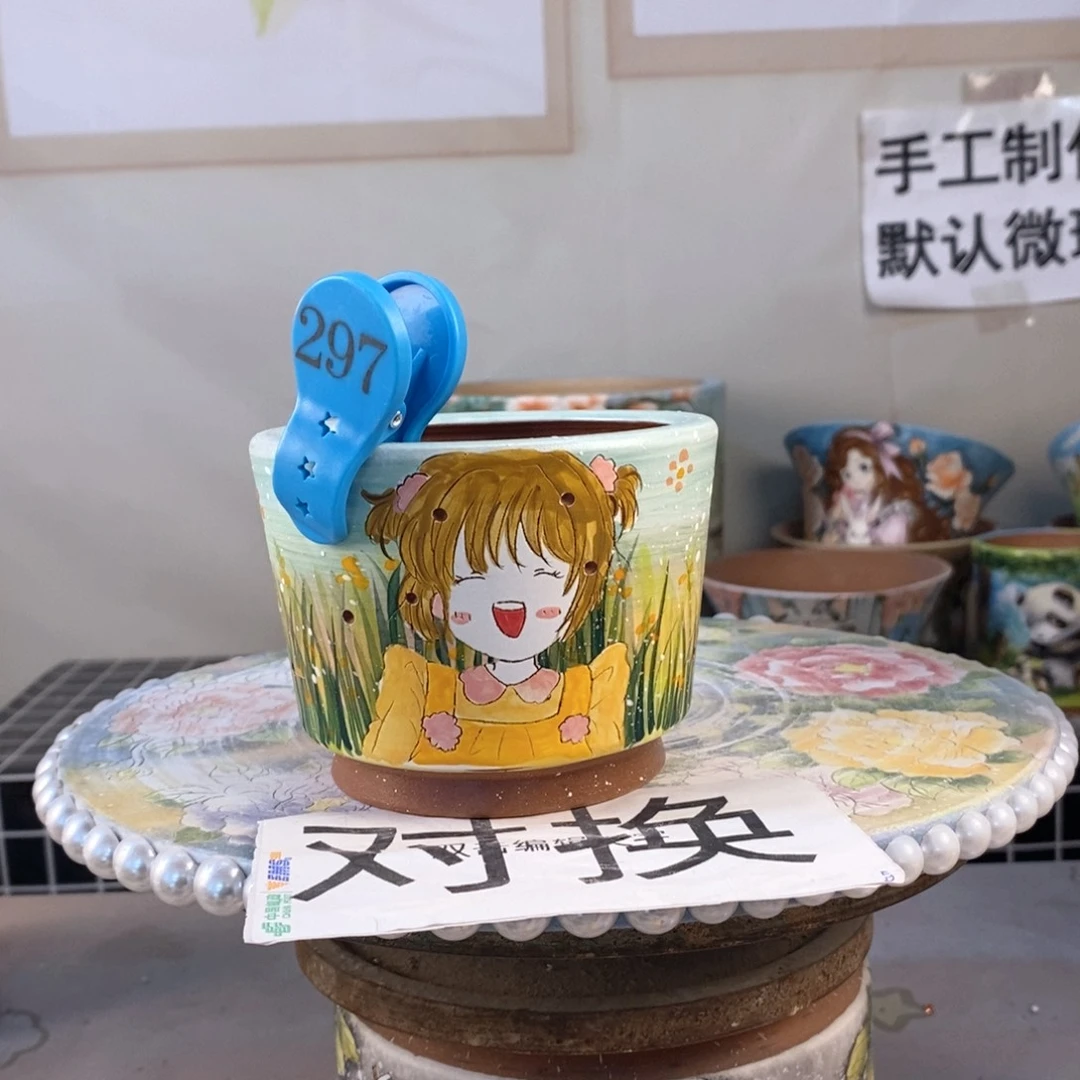 紫砂花盆小*豆红陶手绘花盆