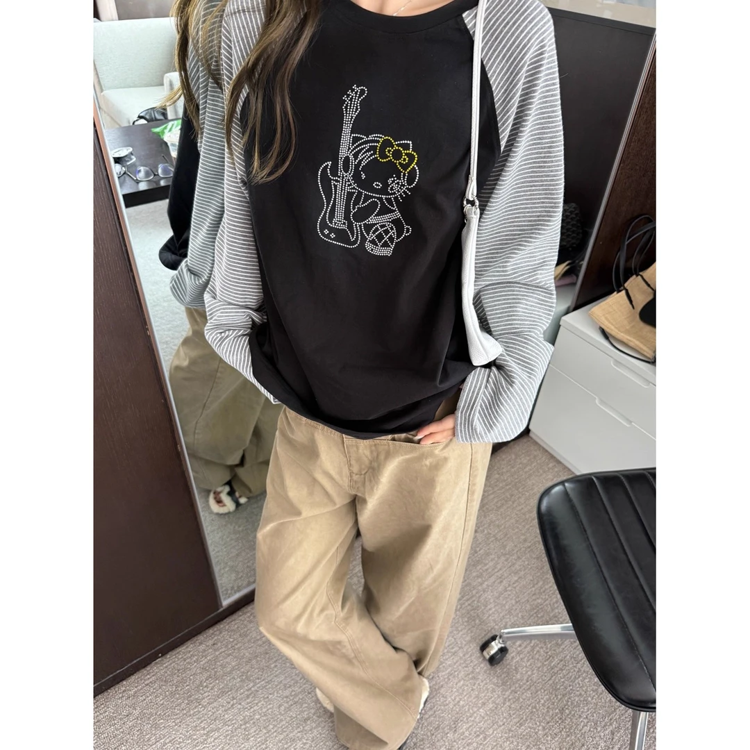 ASHENONLINE 像素森林 烫钻小k拼色宽松T恤插肩袖复古条纹上衣女