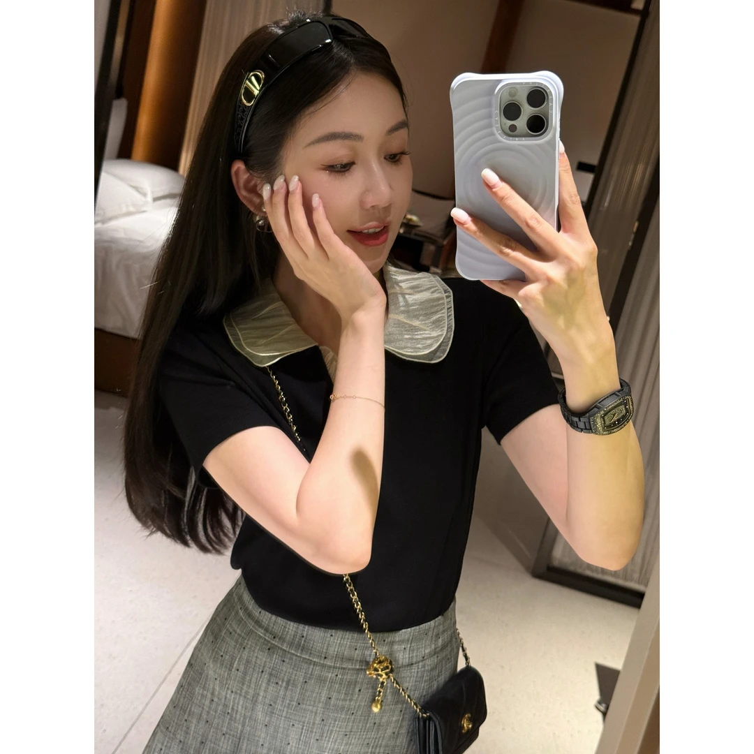 syna希娜 影织夏暮 独特精致花边撞色翻领短袖T恤