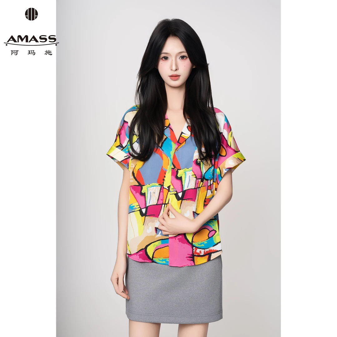 AMASS/阿玛施新款时尚印花百搭宽松老钱风春夏短袖休闲衬衫530066