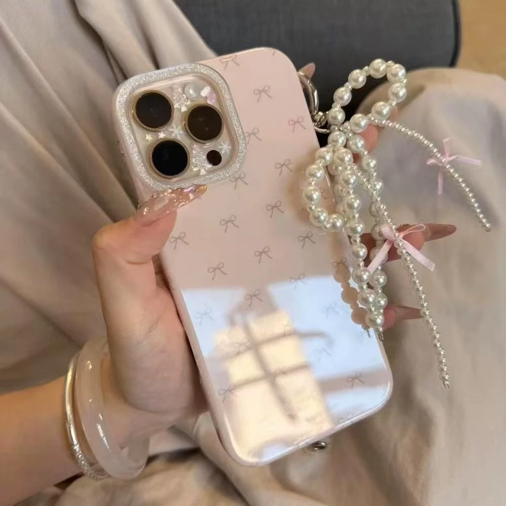 ins满屏蝴蝶结珍珠蝴蝶结挂链适用iPhone16promax苹果15手机壳14