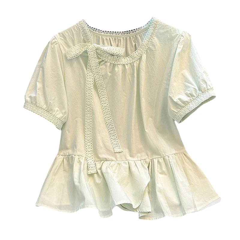 韩版圆领压褶短袖衬衫女2025年夏季新款法式气质甜美减龄百搭小衫