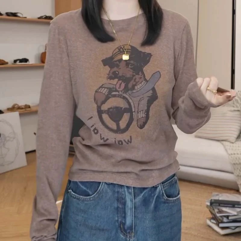 韩版时尚减龄卡通小狗印花长袖T恤女2025秋季休闲百搭打底衫上衣