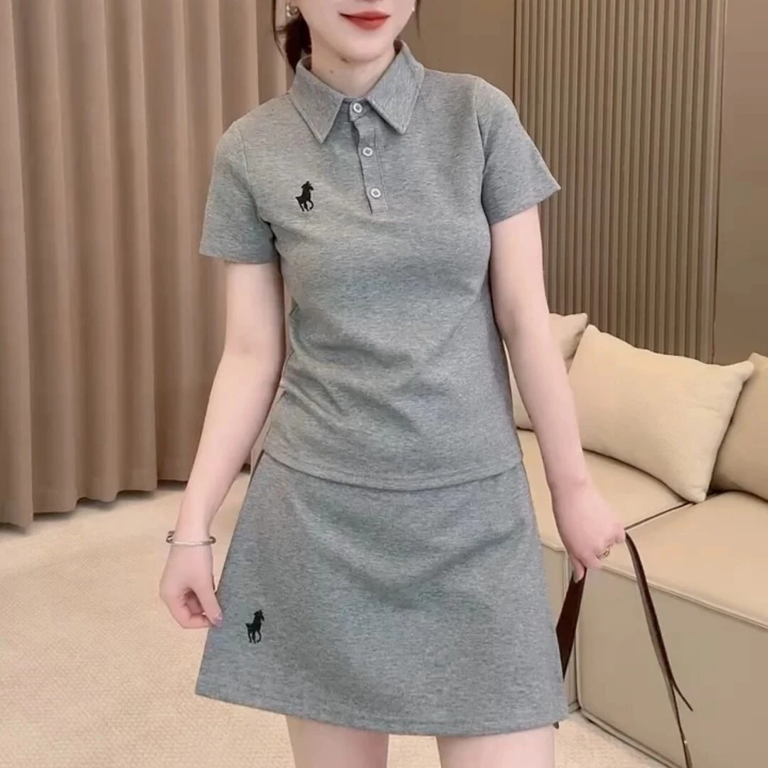 2025夏季新款套装网红同款小马刺绣纽扣polo领短袖T恤+高腰短裙女