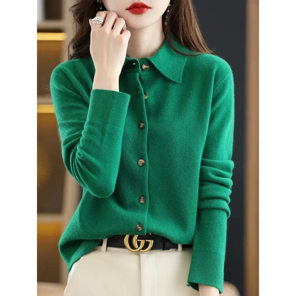 秋冬POLO领针织衬衫外搭宽松长袖开衫气质翻领外套打底