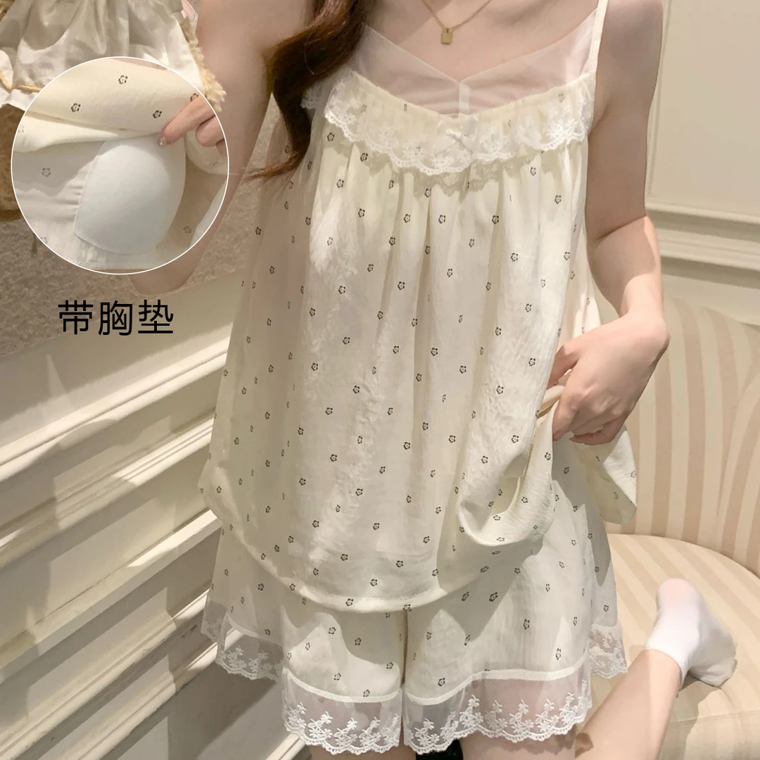 睡衣薄款女夏季带胸垫网红ins两件套可外穿甜美少女家居服套装