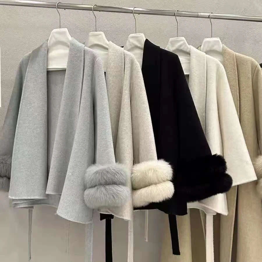 【CH】秋冬新款高级感双面宽松狐狸毛袖羊毛呢子大衣气质外套