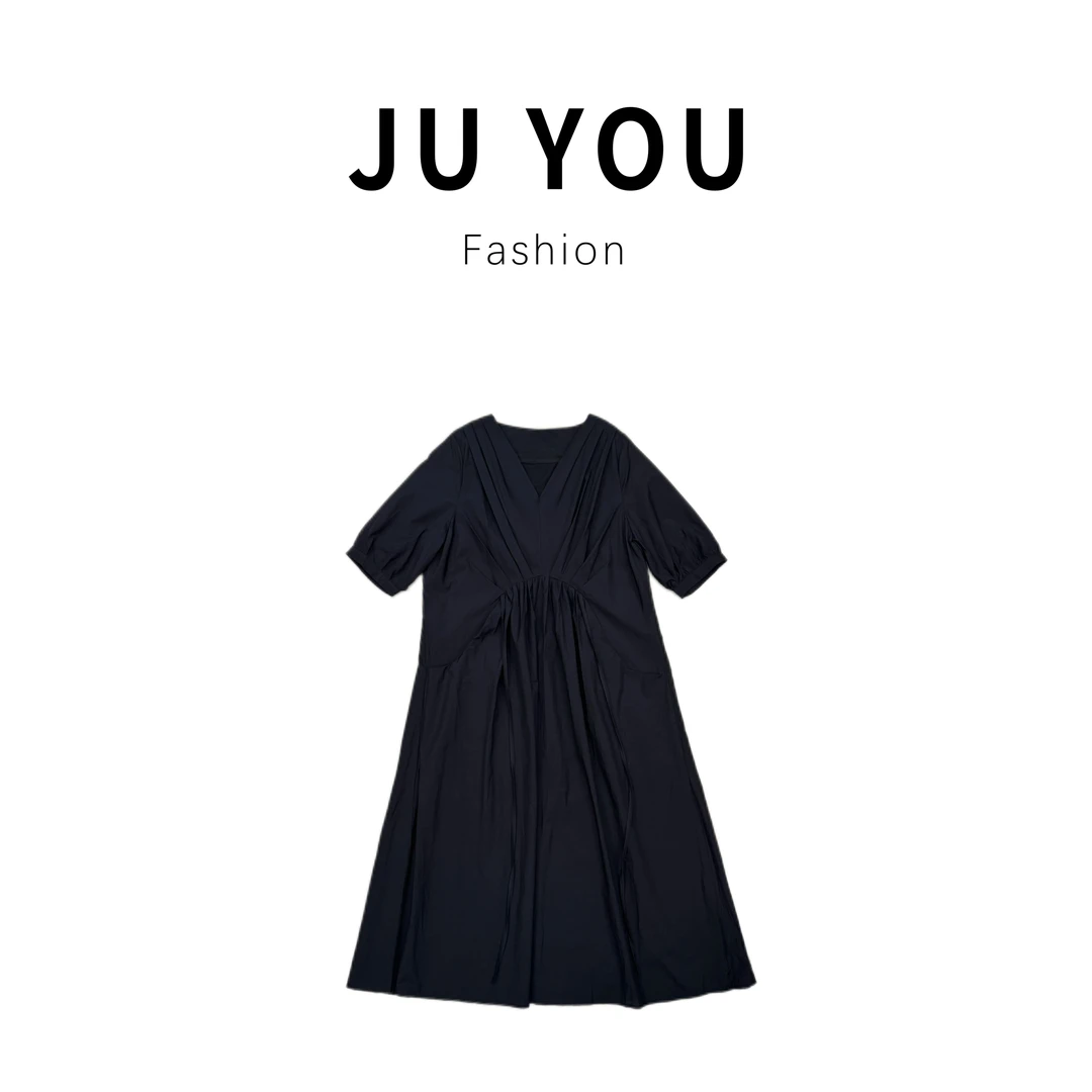 【NO退NO换】复古V领褶皱系带收腰连衣裙