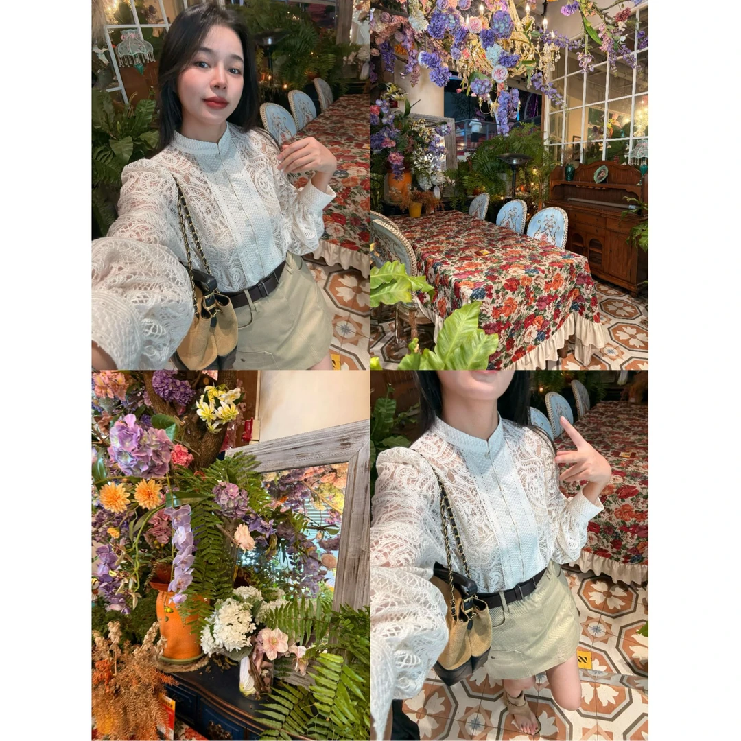【古古】湾湾高工艺长袖气质小姨风手工扣蕾丝定位边法式衬衫G25722