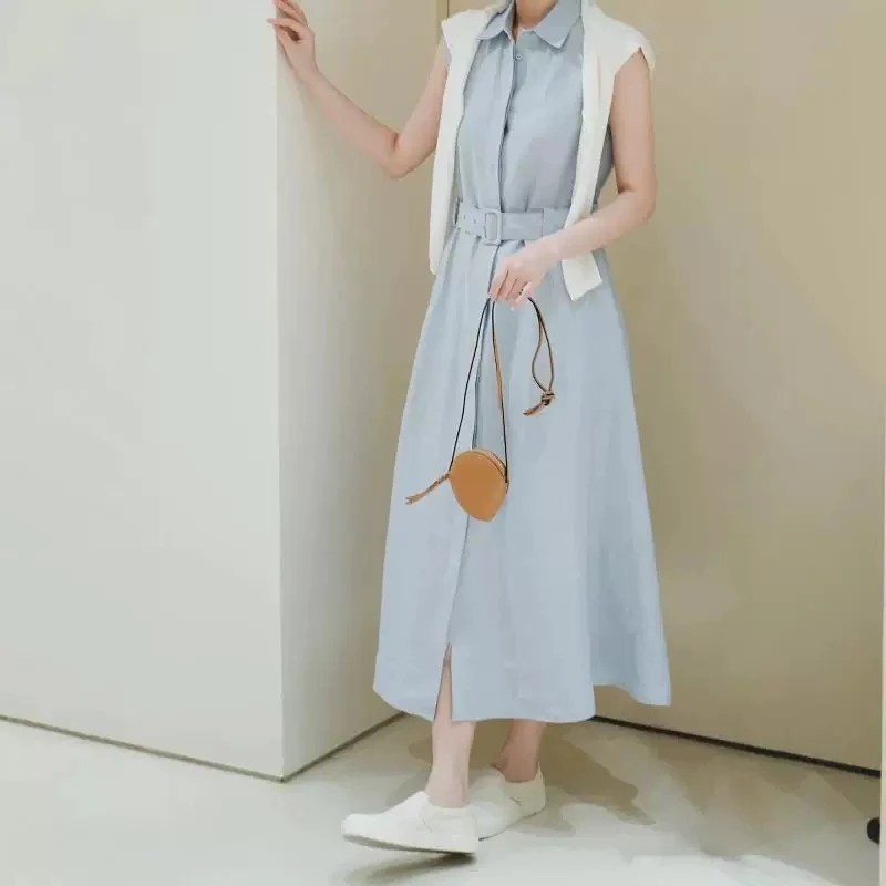 小禾家夏季新品亚麻平纹翻领长款无袖连衣裙