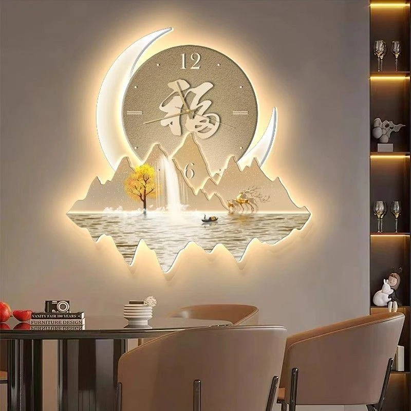 福禄生财轻奢餐厅装饰画高档饭厅福字挂画带钟表创意玄关时钟壁灯