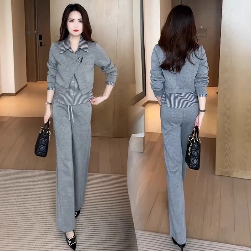 时尚休闲套装女2025春季新款显瘦假两件拼接卫衣阔腿裤显瘦两件套