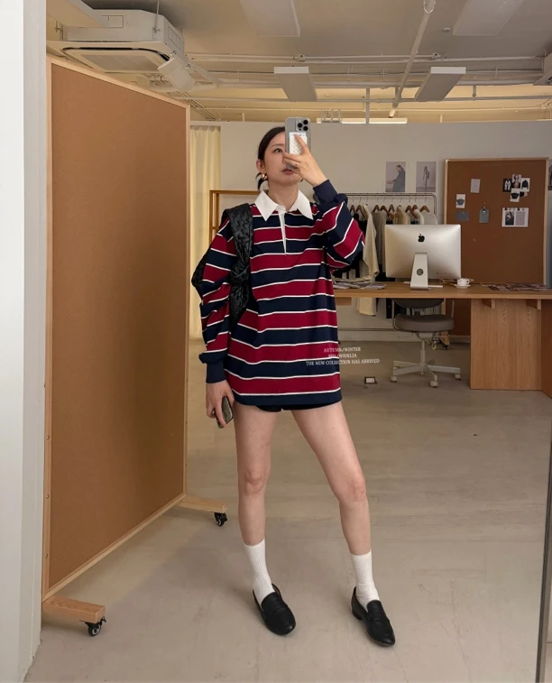 widelia春夏新款polo领T恤女7001百搭撞色条纹宽松长袖中长款上衣