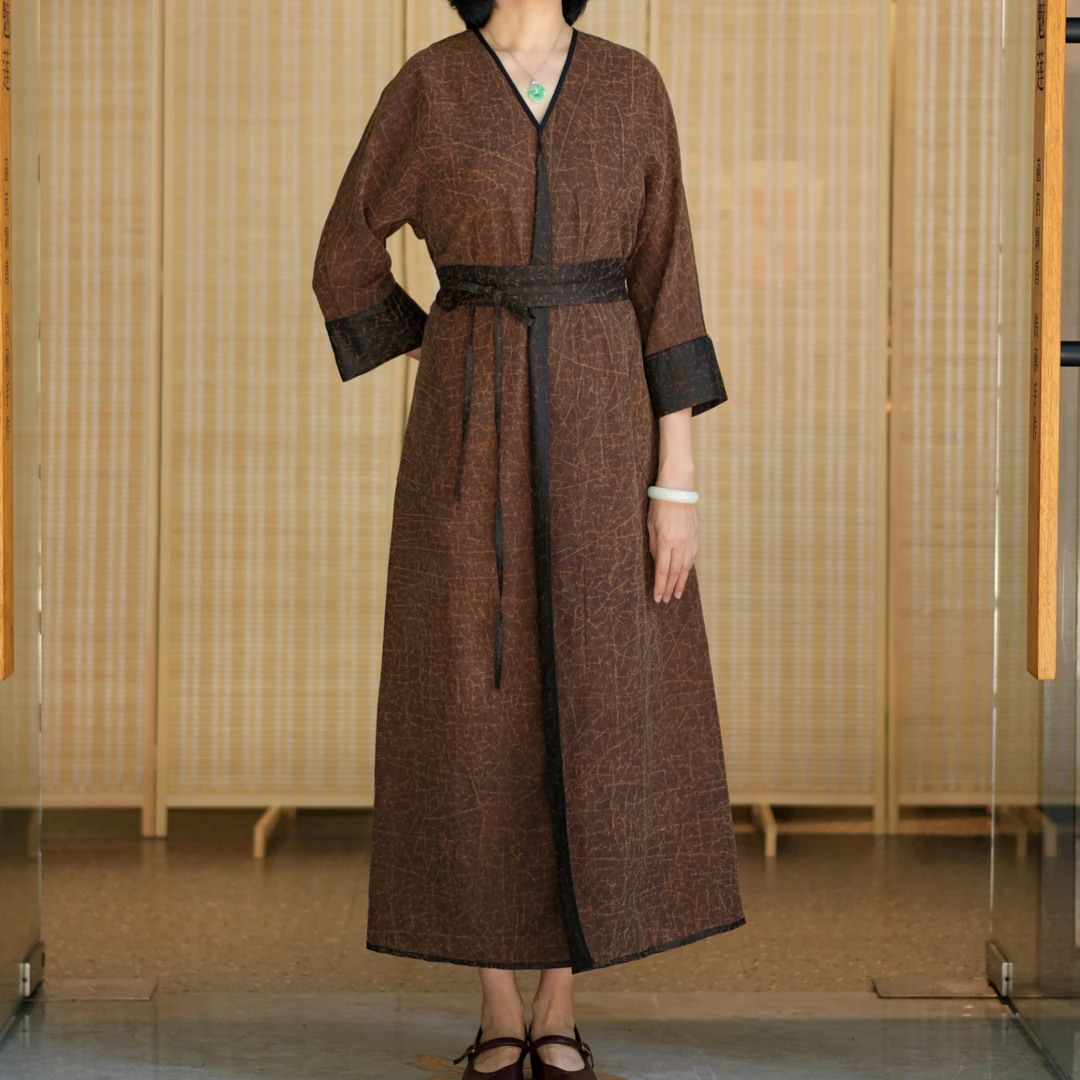 [莨元]莨纱龟双穿V领连衣裙100桑蚕丝设计师原创款气质减龄裙子