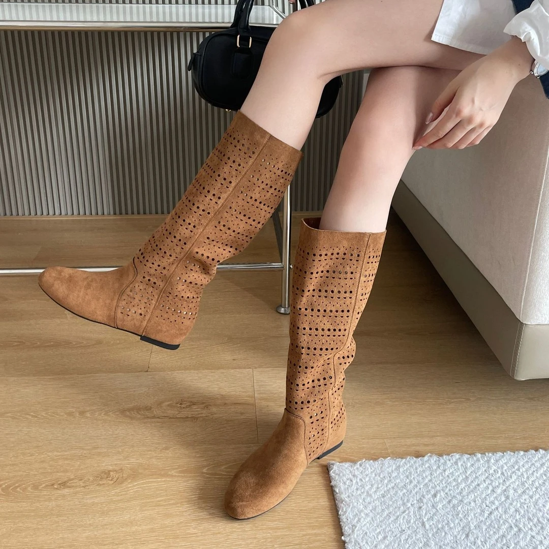 【4公分】新款时尚镂空内增高绒面两穿2025夏季长靴女