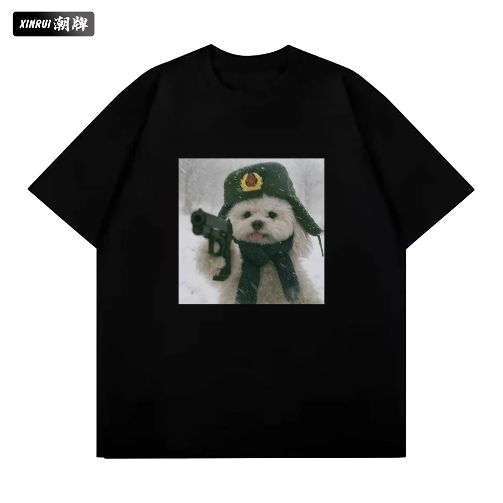新款休闲国潮简约小狗印花男女款百搭纯棉圆领短袖宽松潮流上衣