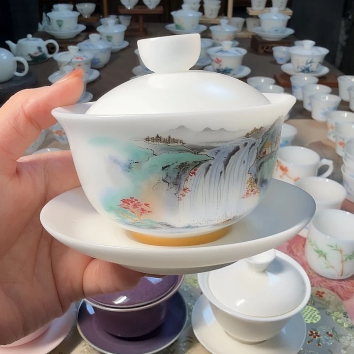 孤品素烧冰种薄胎瀑布盖碗元宝