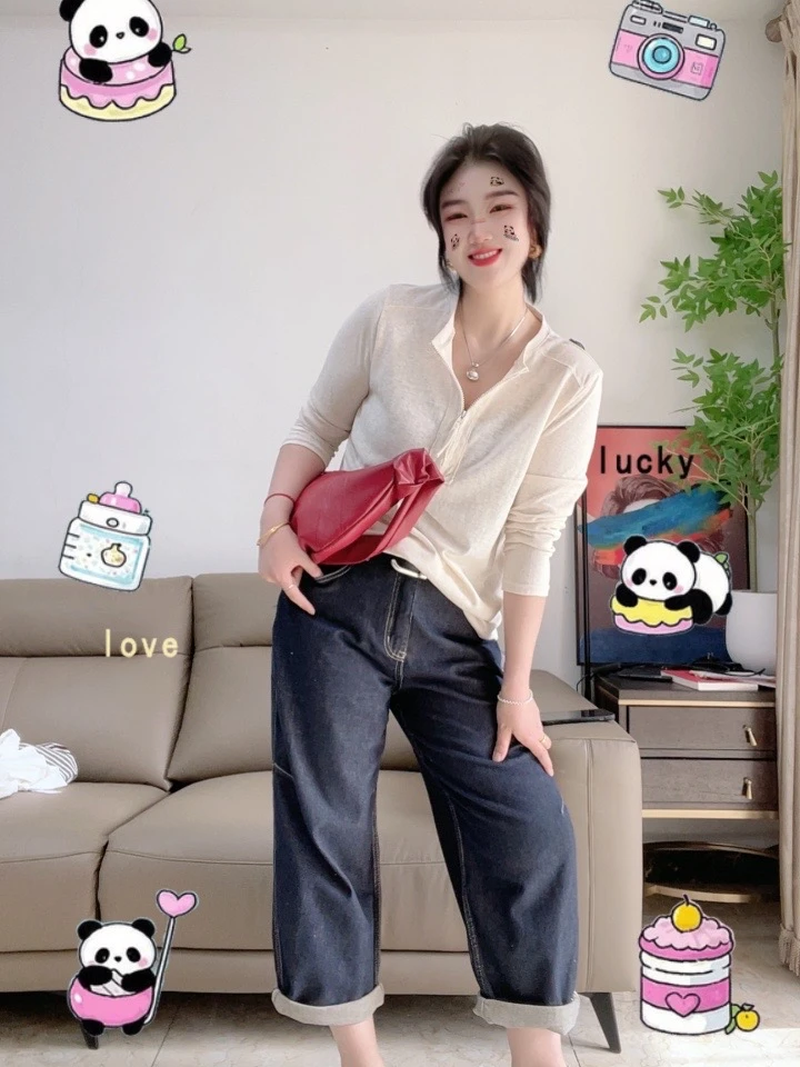 8866-1#亚麻拉链T恤长袖打底春秋