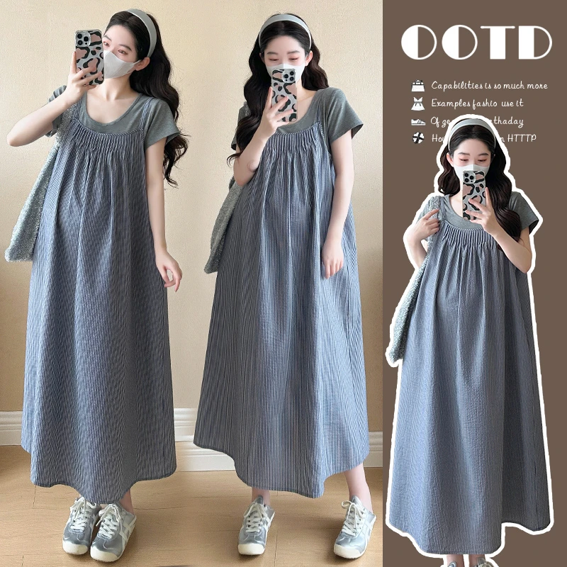 孕妇装2025夏季新款经典条纹短袖上衣+条纹吊带连衣裙孕妇套装