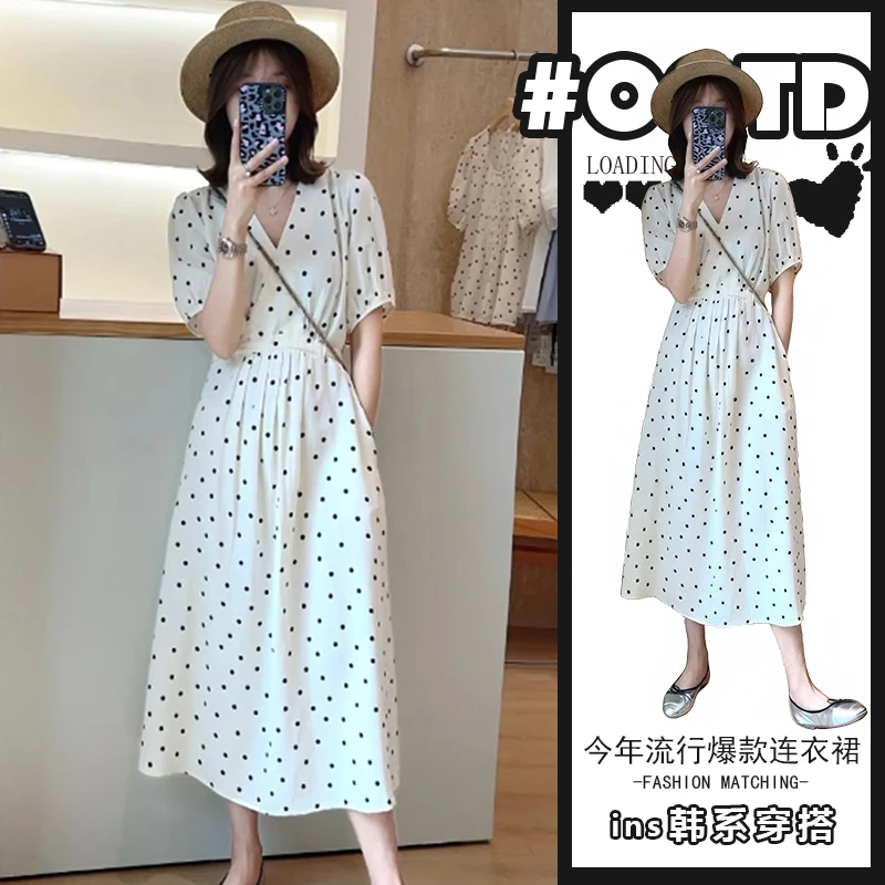 夏季新款时尚气质波点连衣裙女法式高腰显瘦减龄V领中长款A字裙潮
