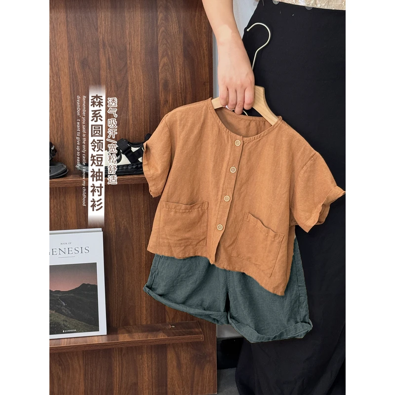 《夏上新》小众复古森系男童女童圆领贴布口袋衬衫短袖薄款25XL1156