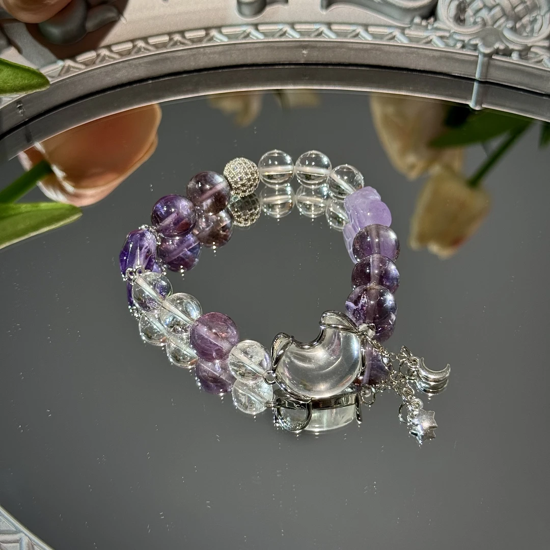 天然紫水晶白水晶手链手串 颜色微差多样性发Z105