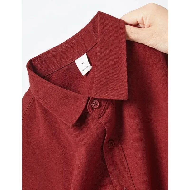 重磅纯棉时尚流行安可拉红翻领长袖衬衫新年红简约百搭叠穿衬衣潮