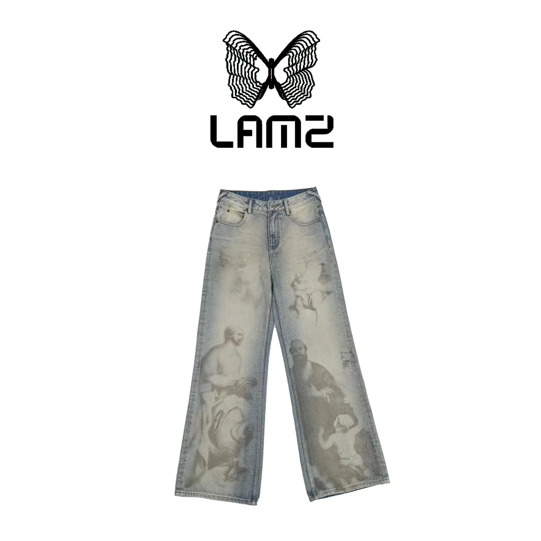 lamz 设计师艺术款个性人物印花水洗高腰阔腿牛仔裤 Lamz03CK058