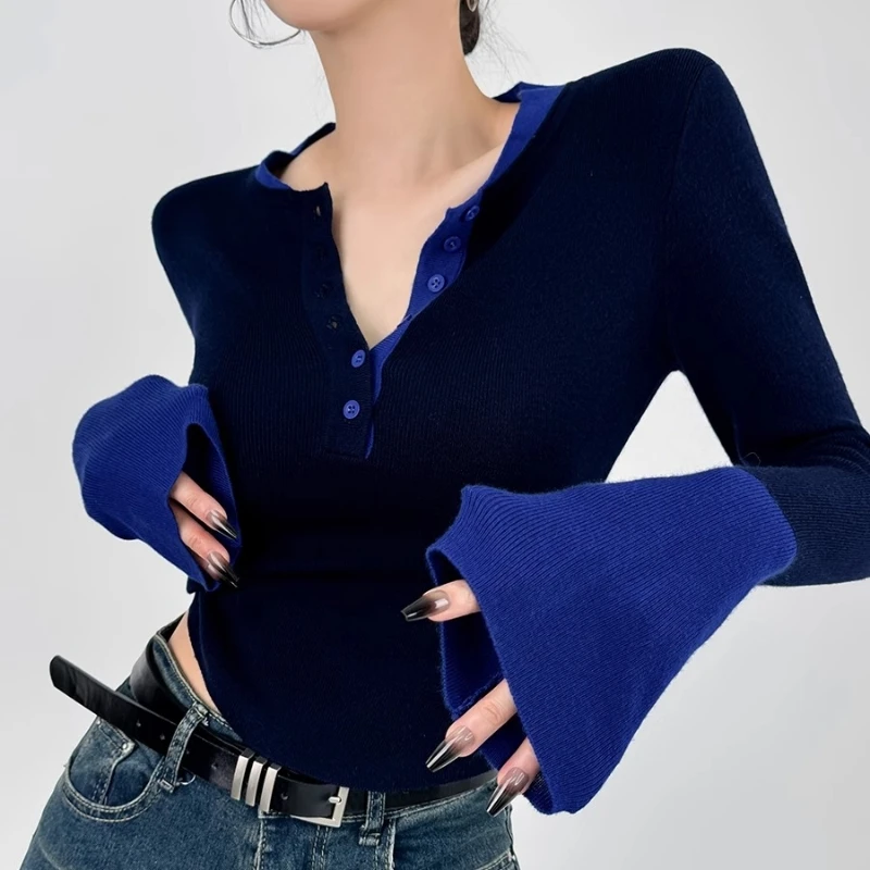 时尚气质圆领拼色针织衫秋冬女装高级感外穿洋气修身内搭打底毛衣