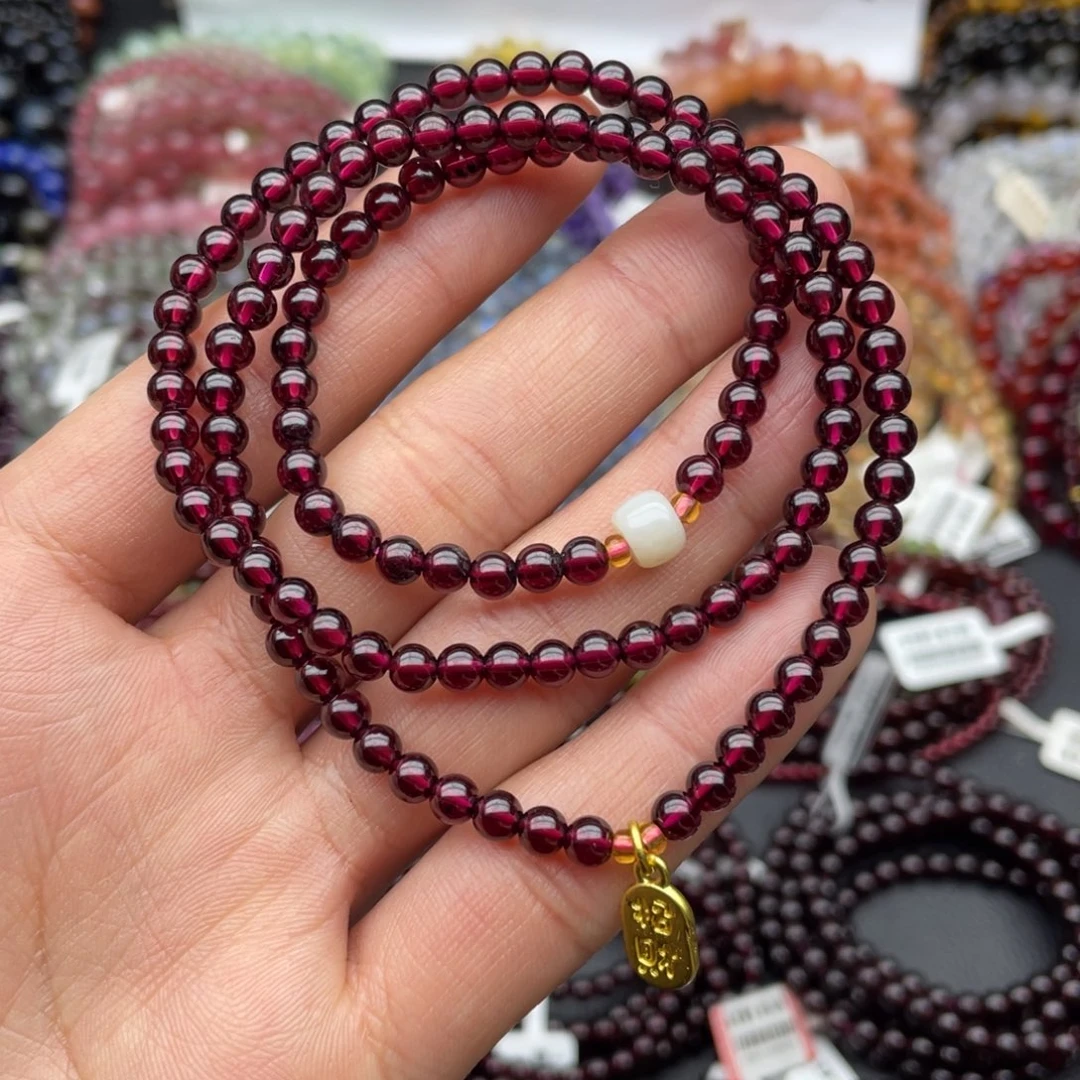 石榴石手链未镶嵌4.5毫米三圈老矿酒红石榴石手链