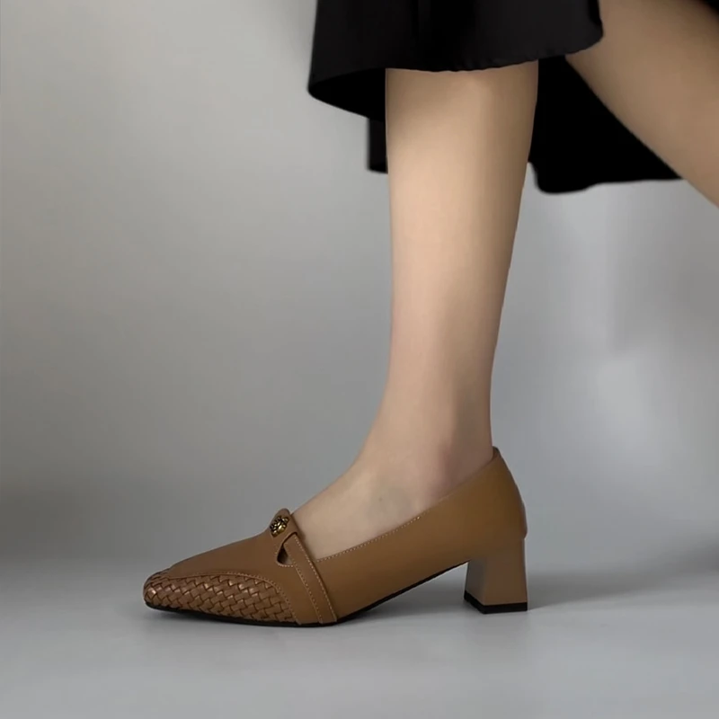 4.5CM极简风时尚软底浅口单鞋2025春秋新款方头粗跟一脚蹬高跟鞋