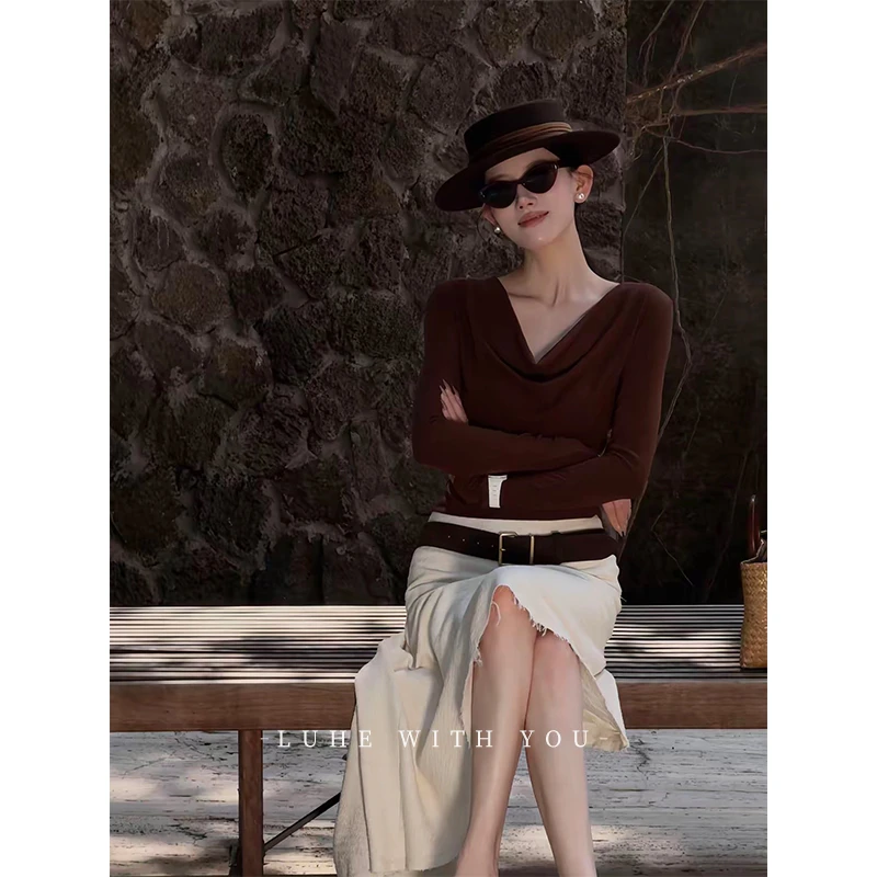 LUHE【松香栀子】hehe私服~莱赛尔羊毛荡领针织上衣+高棉肌理半裙