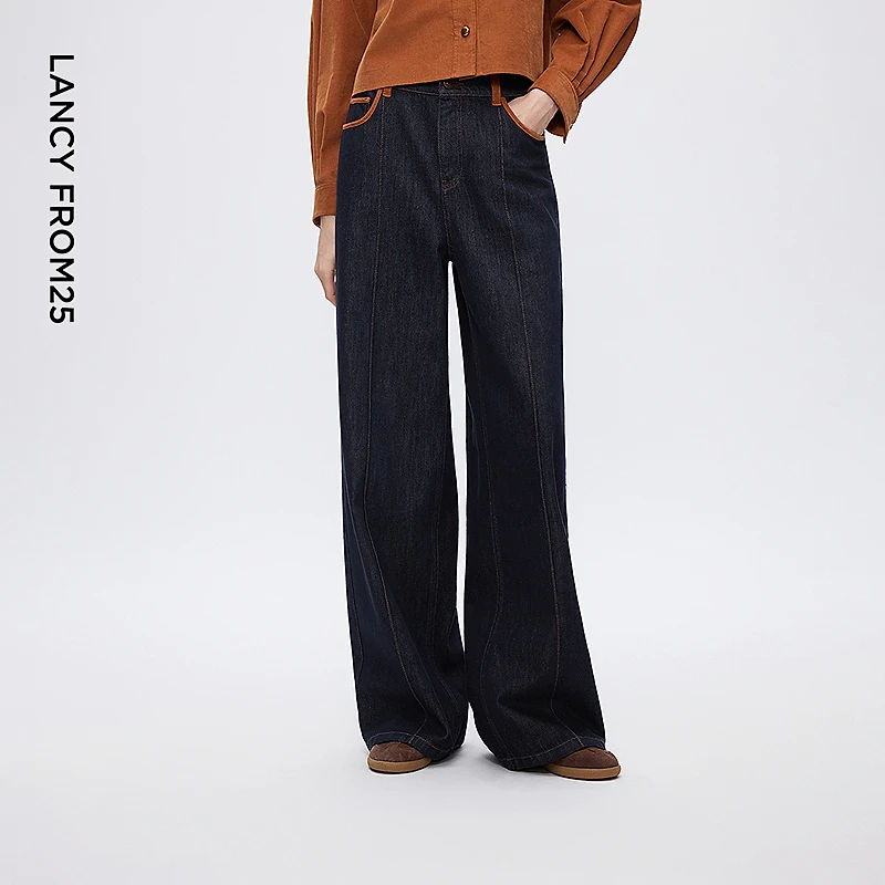 朗姿直筒高腰撞色阔腿牛仔裤复古蓝设计感高级感女2025年冬季新款