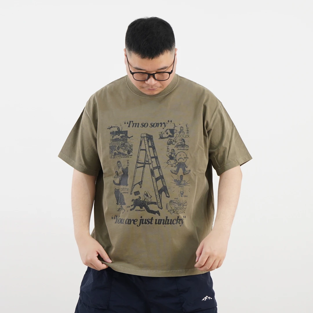 纯棉全棉。280克重磅T恤男士短袖宽松胖子大码印花水洗做旧XY-T66