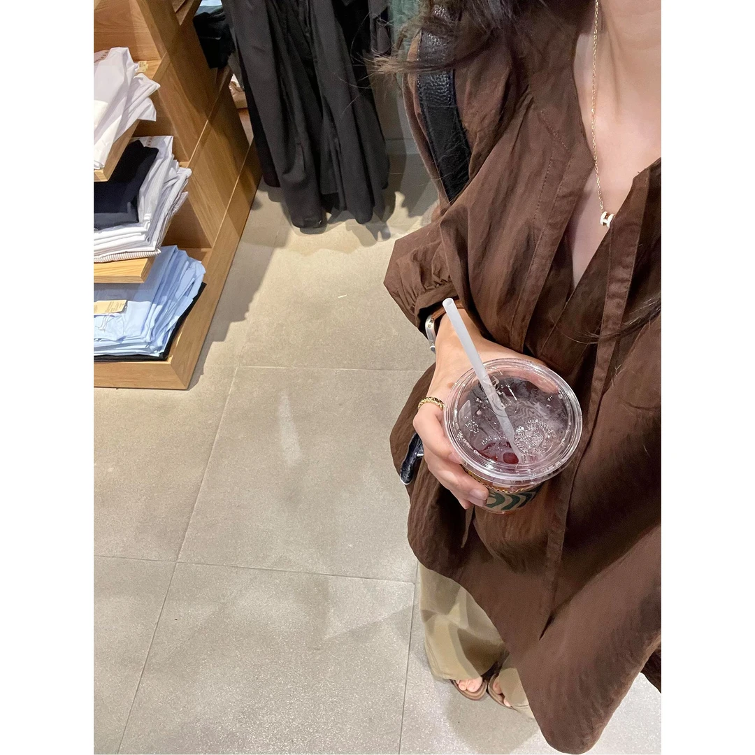 2025早秋新款美拉德复古咖色飘带V领灯笼袖衬衫女高级感上衣
