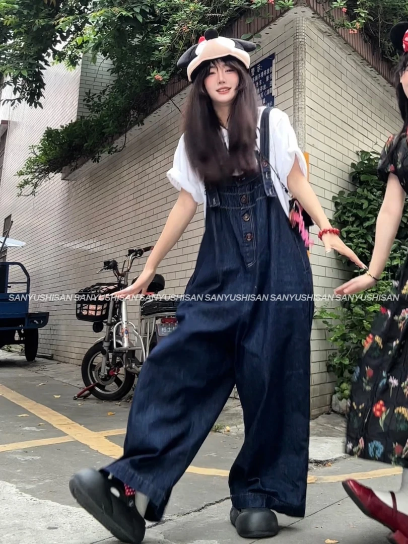 三与十三|马里奥背带裤|嘎嘎瑛泽|牛仔复古蓝色排扣牛仔背带裤
