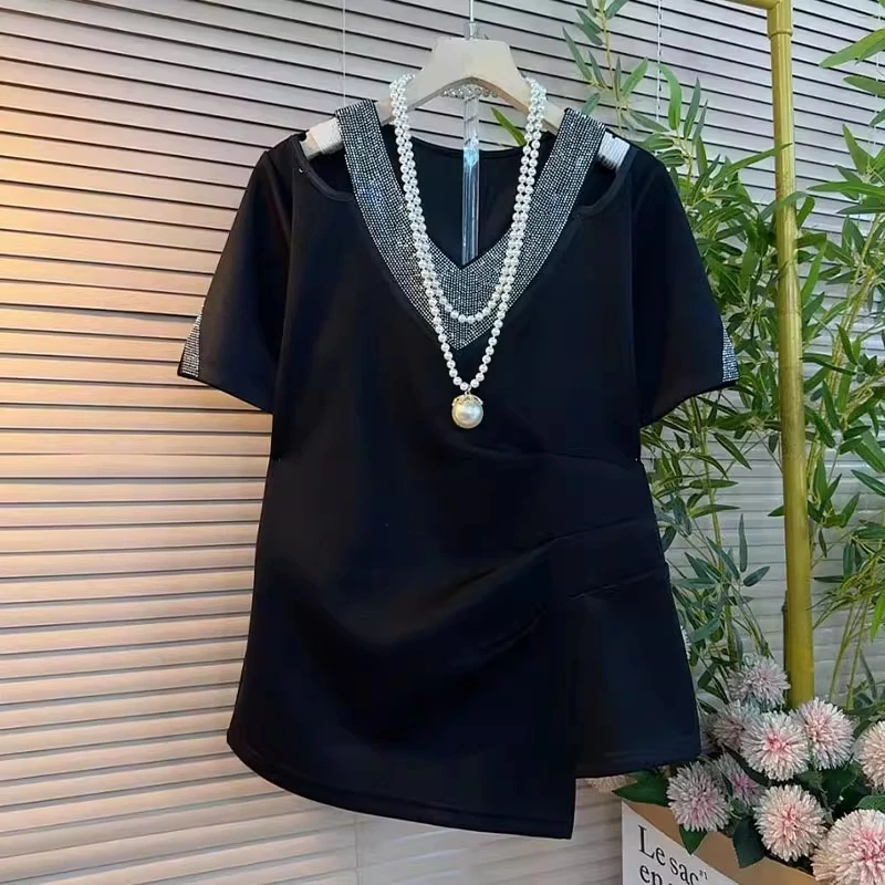 2025夏季新款重工镶钻减龄大码胖MM显瘦遮肉休闲百搭短袖T恤上衣