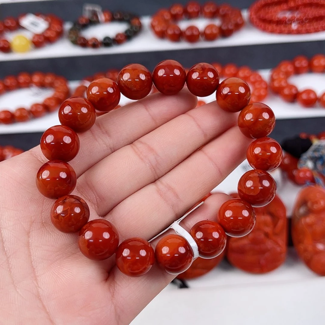 手串未镶嵌南红玛瑙船*瓦西牛血红收藏级圆珠12mm