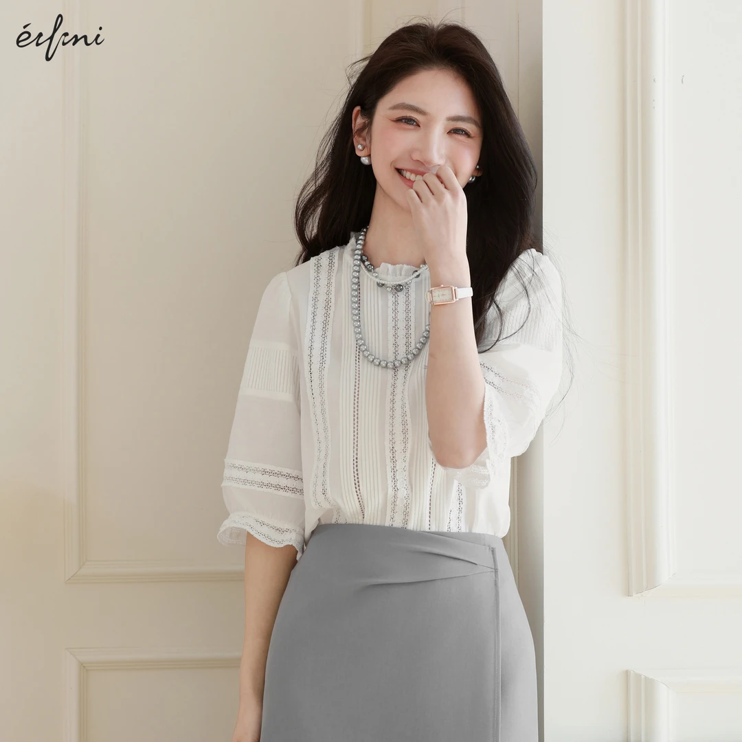 伊芙丽重工蕾丝镂空短袖衬衫女装25夏季立领百搭小上衣1G3921321